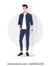 Modern Young Gentleman Wearing a Navy Blue Suit and White Sneakers Standing Confidently