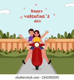 Modern Young Girl Having Fun On Scooty With Her Boyfriend On The Road Amid Nature Background For Valentine's Day Concept.