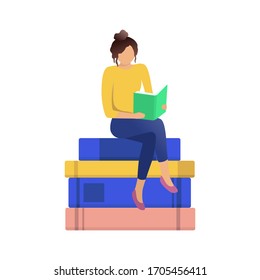 Modern young girl reading, preparing for the exam. A woman studies literature while sitting on a stack of books. Flat vector illustration isolated on a white background.