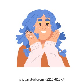 Niña moderna con el pelo de moda, los ojos brillantes, el brillo, el maquillaje. Feliz retrato adolescente emocionado con emoción de alegría, expresión facial. Ilustración vectorial plana aislada en fondo blanco