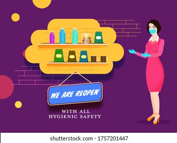 Modern Young Girl wear medical mask with gloves showing products and We Are Reopen With All Hygiene Safety Text on Purple Background.