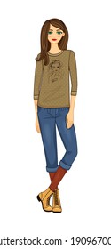 Modern young girl wearing boots jeans shirt on white background flat vector illustration