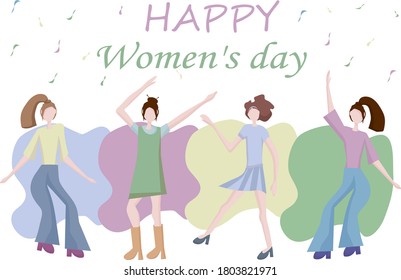 Modern young girls are dancing. Dance moves, fun and entertainment. Women's friendship and common leisure. Together will celebrate the International Women's Day. Flat design