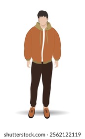 Modern young man in casual clothes. He wears in an orange sweatshirt and brown pants. Vector illustration. Not generated by AI