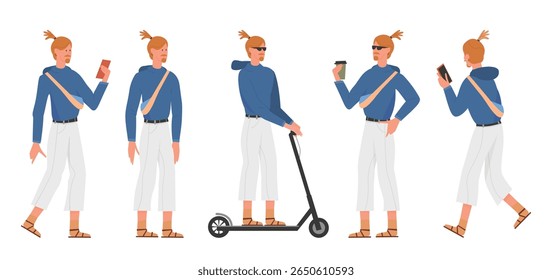Modern young man in casual clothes holding phone coffee cup riding scooter wearing sunglasses and sandal, perfect for lifestyle or city concepts isolated on white background vector illustration