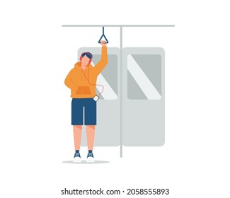 Modern young man character listening to music on a public transport, metro.Vector illustration cartoon flat style.