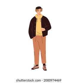 Modern young man in fashion casual clothes. Stylish guy in trendy apparel. Male model wearing cap, hoodie, jacket, pants and shoes. Fashionable men look. Flat vector illustration isolated on white