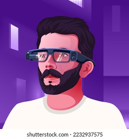 A Modern Young Man With futuristic augmented (AR) Glasses- Vector illustration