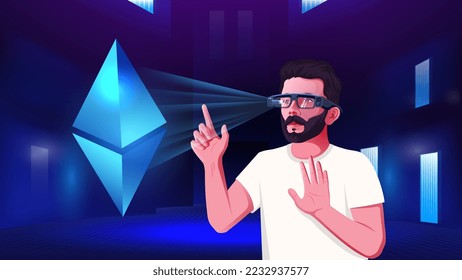 A Modern Young Man With futuristic augmented (AR) Glasses Exploring the Ethereum Cryptocurrency symbol- Vector illustration