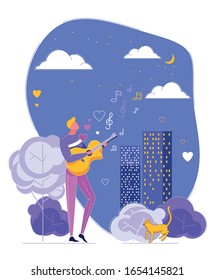 Modern Young Man Guitarist Standing Outdoors in Park Playing Guitar and Singing Romantic Song or Serenade for Beloved at Night under Moon and Star. Vector Illustration for any Design purpose.