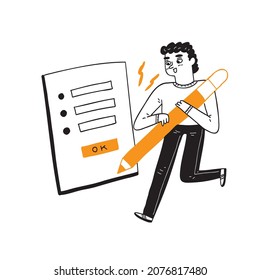 Modern young man holding a pencil trying to sign an online form,  Hand drawn vector illustration.