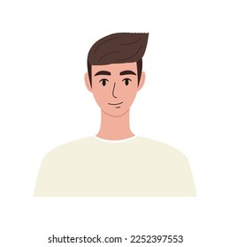 Moderner junger Mann porträtiert flach. Attraktiver Typ mit braunem Haar in einem beigen Sweatshirt. Gesicht, Kopfcharakter Porträt. Handgezeichnete Vektorgrafik einzeln auf weißem Hintergrund.
