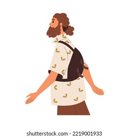 Modern young man profile, going in fashion apparel. Bearded guy with curly hair walking, wearing crossbody bag, trendy casual clothes. Flat vector illustration isolated on white background