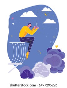 Modern Young Man Sitting on Balcony Holding Cup Drink in Quiet Space. Romantic Male Character Waiting her Beloved in Garden to Date Together at Night under Moon and Cloud. Vector Illustration.