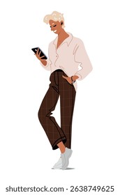 Modern young man using smartphone and wireless headphones, gadgets and social media, online communication. Flat cartoon character, vector illustration isolated on white background.