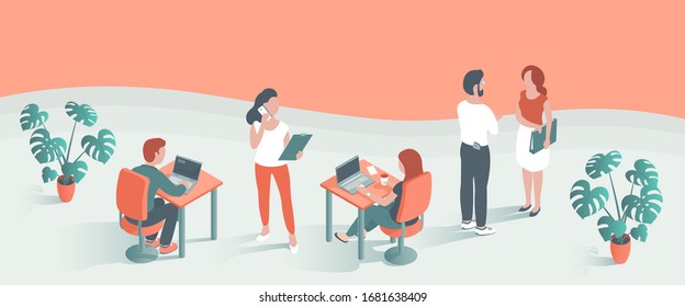 Modern young men and women work in the office. They sit at the table at laptops, communicate on the phone, go with documents. Place for text. Vector illustration of people.