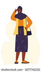 Modern young Muslim woman wearing trendy clothes and hijab. Fashionable African American girls. Female character isolated on white background. Flat cartoon vector illustration. Black