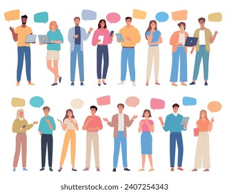 Modern young people communicate, talk, work together. Cartoon people characters with colorful dialogue bubbles design set