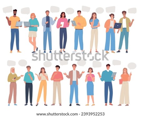 Modern young people communicate, talk, work together. Cartoon people characters with dialogue bubbles design set	