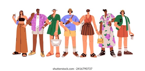 Modern young people group in fashion summer outfits. Trendy men, women characters standing, wearing stylish casual apparel, clothes, accessories. Flat vector illustration isolated on white background