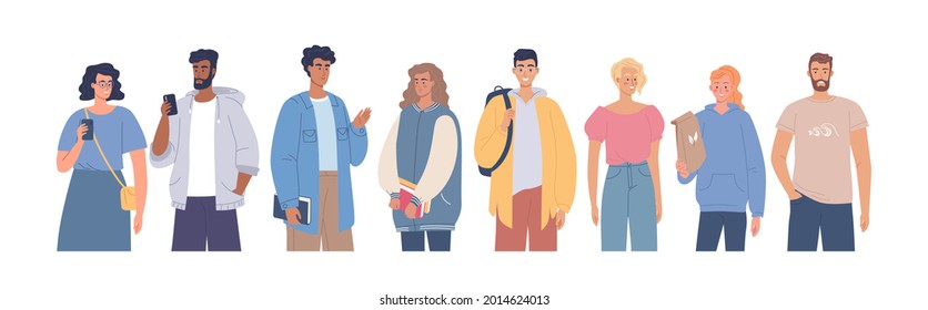 Modern young people, students standing together white isolated illustration. Multiethnic people characters design vector characters