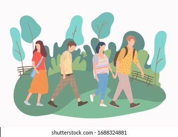 Modern young people walk park, great design for any purposes. Nature landscape with trees. Vector background with outdoor activity. Summer recreation. Friendship concept.
