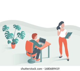 Modern young people work in the office. A man sits at a table with a laptop. A girl is standing with a phone and documents. Place for text. Vector illustration.