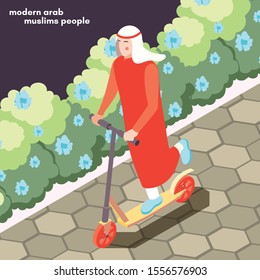 Modern young saudi arab in traditional muslim clothes riding kick scooter isometric composition floral background vector illustration 