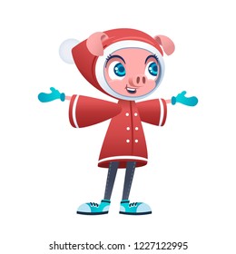 modern young smiling and happy Santa Claus helper piggy in a red-blue traditional costume with mittens, winter jacket, hood with pompon and boots in the year of pig 2018 drawn in vector (girl or boy)