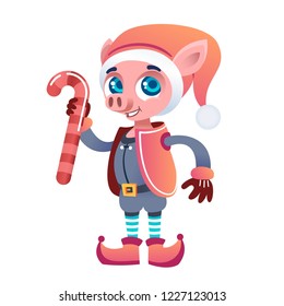 modern young smiling and happy Santa Claus helper piglet in an orange-golden traditional costume with gloves, belt, hat and a big sweet candy in the year of pig 2018 drawn in detailed vector