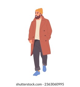 Modern young stylish bearded man in urban fashionable outfit walking isolated on white background