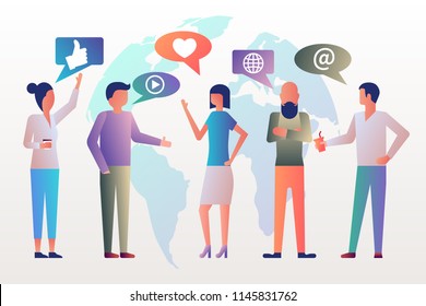 Modern young stylish people discuss social network. Dialogue people. Speech bubbles with icon media. Web page banner presentation poster. Vector illustration flat design. Isolated on white background.