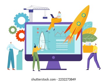 Modern young teamwork startup new business project, launch industry engineering company flat vector illustration, isolated on white.