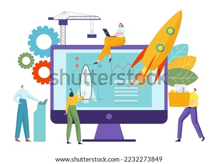 Modern young teamwork startup new business project, launch industry engineering company flat vector illustration, isolated on white.