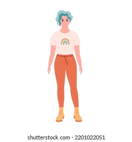 Modern young woman with blue hair in casual outfit. LGBT person, LGBT rainbow, non-binary. Stylish fashionable look. Hand drawn vector illustration