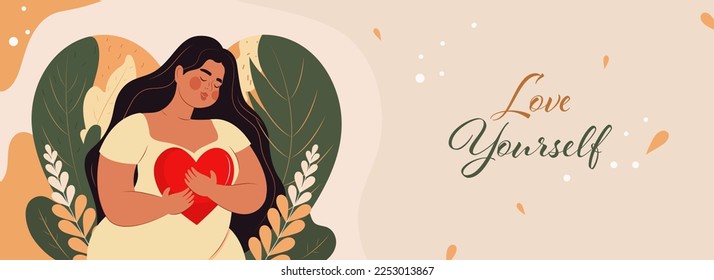 Modern Young Woman Character Hugging A Red Heart On Leaves Decorated Beige Background For Love Yourself Concept.