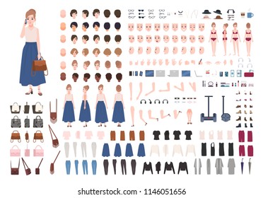 Modern young woman constructor or animation kit. Collection of female character body parts, gestures, stylish clothing, gadgets isolated on white background. Flat cartoon vector illustration