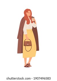 Modern young woman drinking morning coffee from paper cup on the go to wake up and refresh. Female character enjoying hot beverage. Colored flat vector illustration isolated on white background