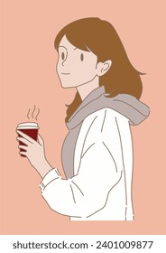 Modern young woman holding reusable coffee cup with lid. Positive girl grabbing tumbler of hot drinks to become active and warm in cold weather. Hand drawn flat cartoon character vector illustration.