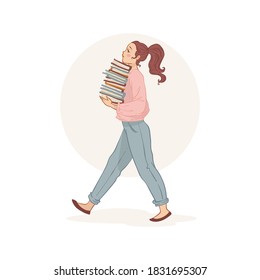 joven mujer moderna sosteniendo una pila de libros, ilustración vectorial