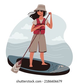 Modern young woman with a paddle swimming on the sup board. Summer activity sport. Vector illustration with a stylish girl.