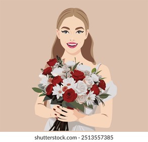 Moderno retrato de mujer joven, rostro femenino contemporáneo. Ilustración de moda de moda, estilo minimalista abstracto. chica en un vestido blanco sostiene un gran ramo de flores en sus manos. novia feliz