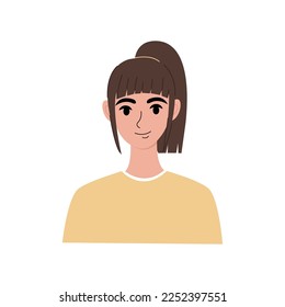 Modern young woman portrait flat. Pretty girl with brown hair in an yellow T-shirt. Face, head character portrait. Hand drawn vector illustration isolated on white background.