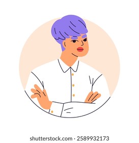 Modern young woman portrait. Trendy style female character, circle avatar. Girl with short dyed colored hair, arms crossed, stylish hairstyle. Flat vector illustration isolated on white background