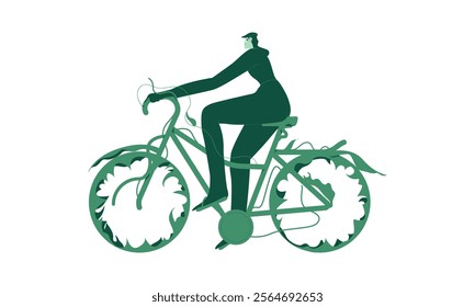 A modern young woman rides a bicycle made of leaves.  The concept of environmentally friendly transport. Colored vector flat illustration isolated on white background.