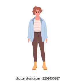 Modern young woman with short hair in casual outfit. Stylish fashionable look. Shirt, jeans, boots. Hand drawn vector illustration