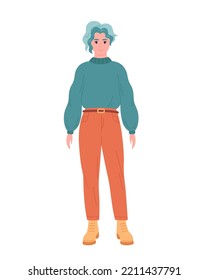 Modern young woman with short hair in casual outfit. Stylish fashionable look. Sweater, jeans, boots, warm clothing. Hand drawn vector illustration