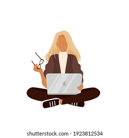 Modern young woman sitting on the floor  uses a laptop when working, studying, blogging or programming. Concept of cute girl in a convenient workplace . Flat cartoon vector illustration.