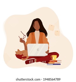 Modern young woman sitting on the floor  uses a laptop when working, studying, blogging or programming. Concept of cute girl in a convenient workplace . Flat cartoon vector illustration.