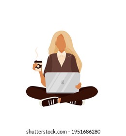 Modern young woman sitting on the floor  uses a laptop when working, studying, blogging or programming. Concept of cute girl in a convenient workplace . Flat cartoon vector illustration.